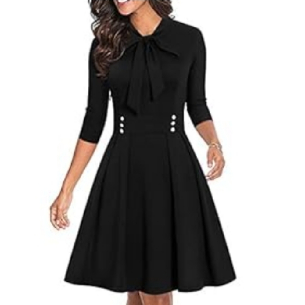Women's Summer Vintage Bow Tie Pockets Swing Casual Work Party Dress